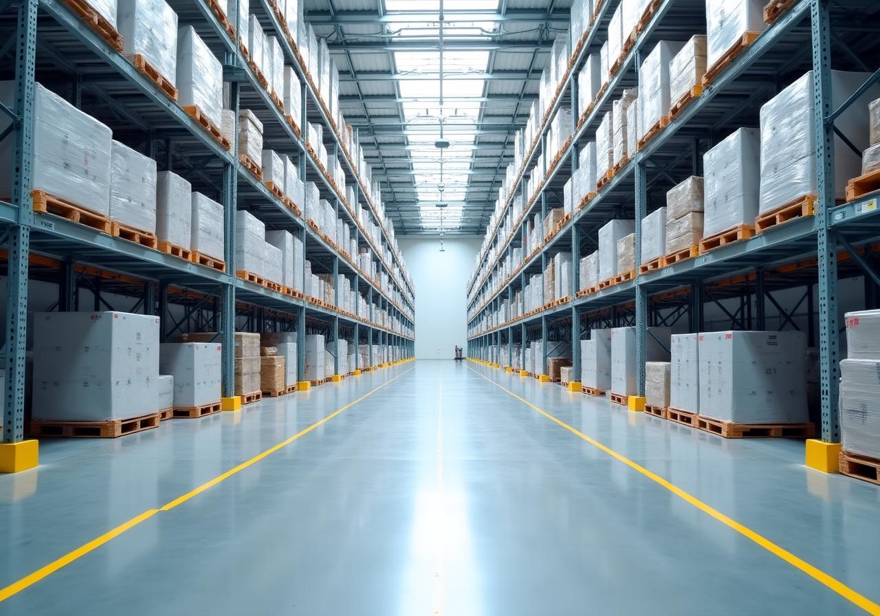 Modern logistics warehouse with high-tech storage racks