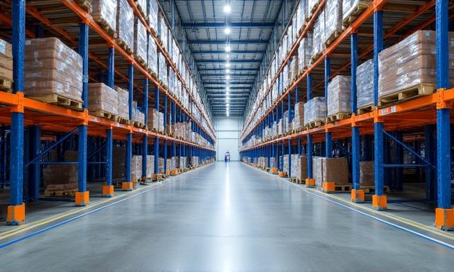 Wide shot of a clean, organized logistics warehouse