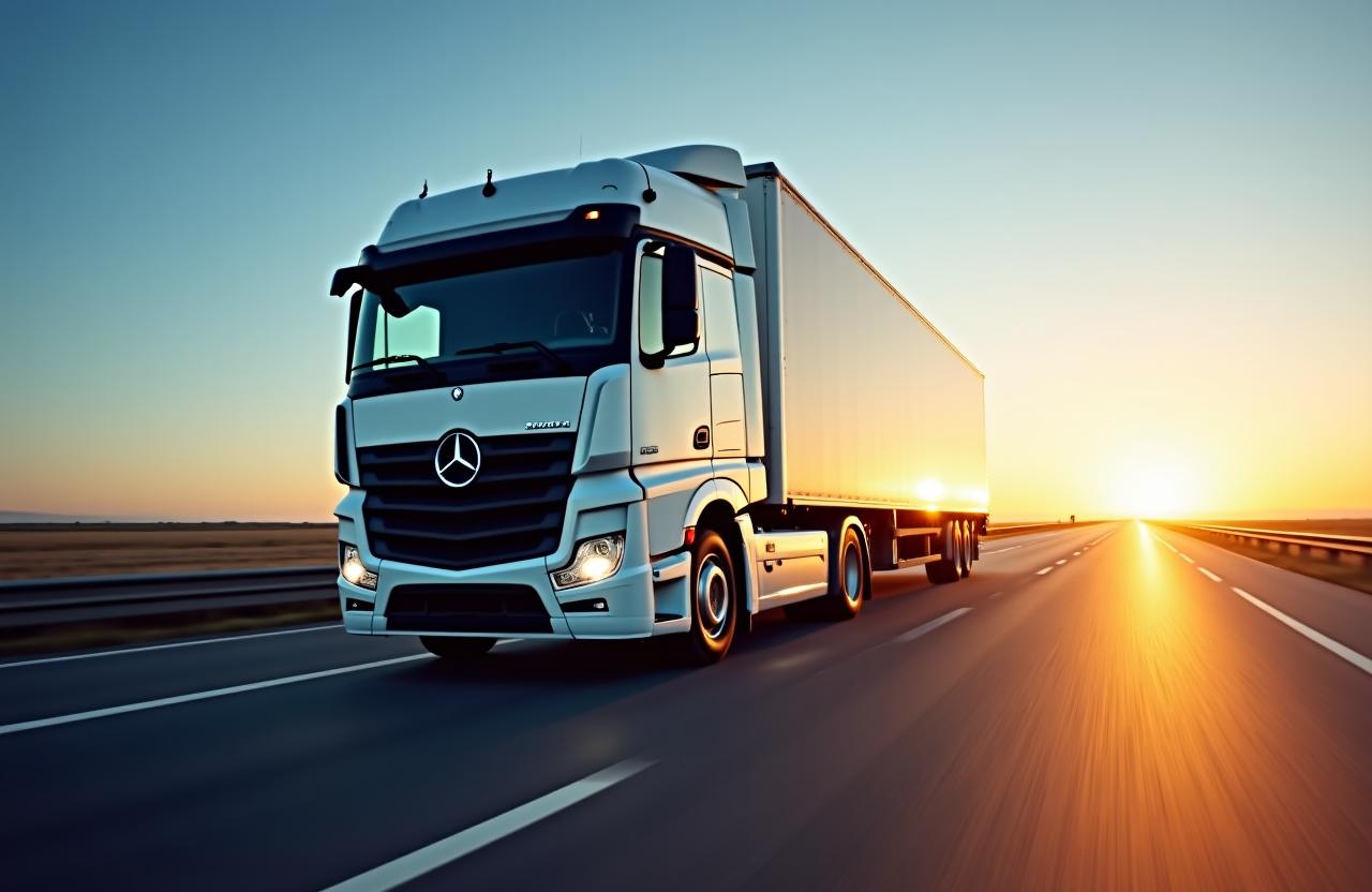 Modern freight truck on a highway at sunrise